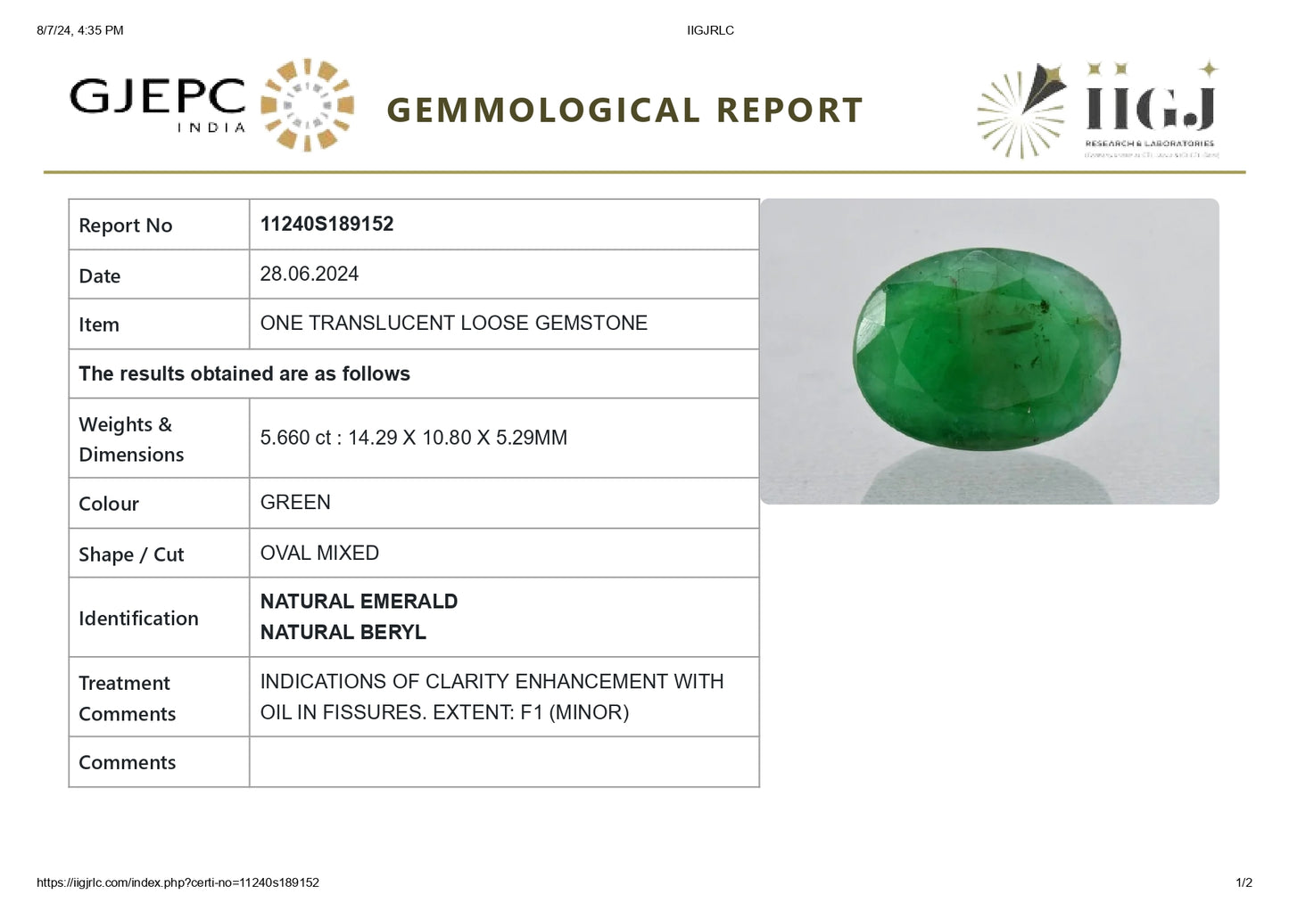 Minor Oil Natural Zambian Emerald (Panna) 5.66 Carats