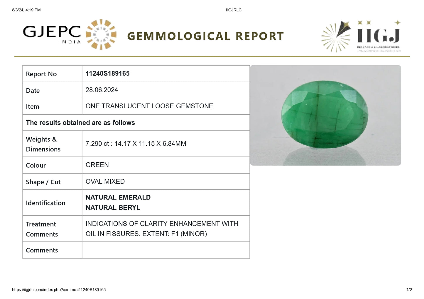 Minor Oil Natural Zambian Emerald (Panna) 7.29 Carats