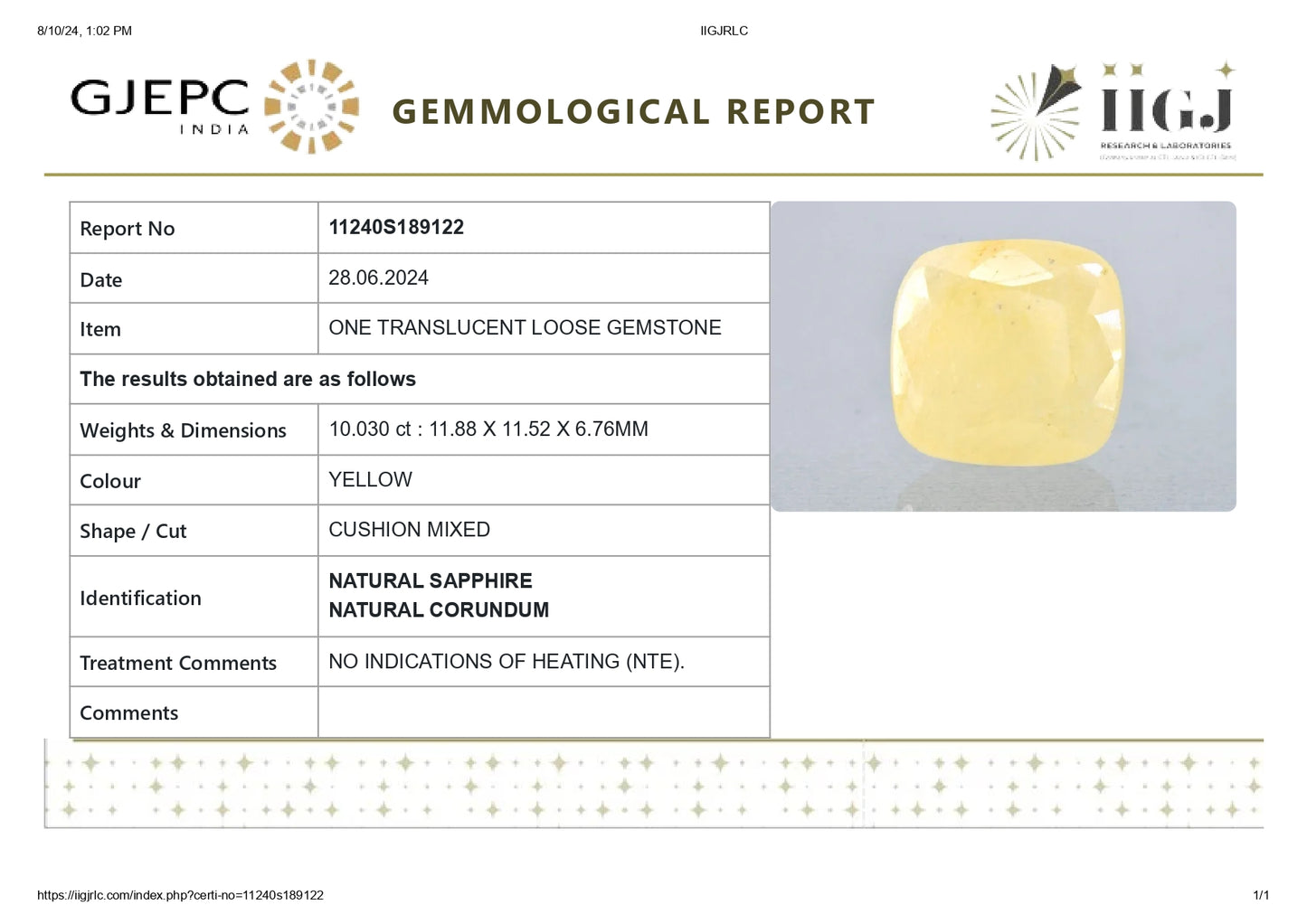 Natural Yellow Sapphire (Pukhraj) 10.03 Carats