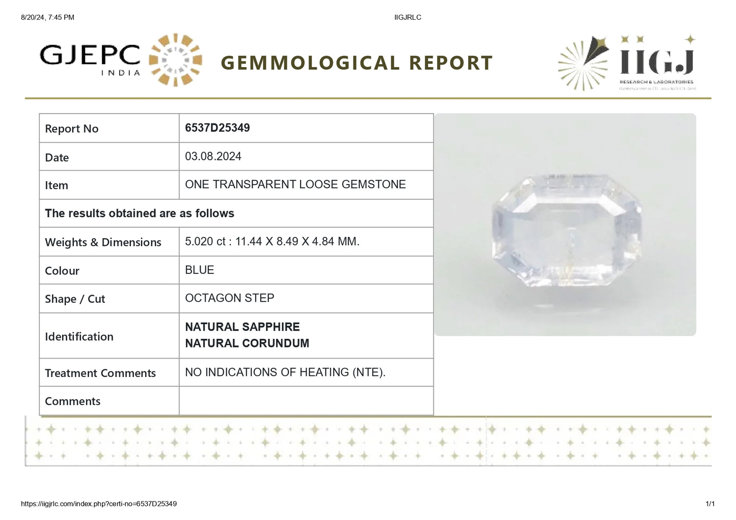 Natural Blue Sapphire (Neelam) 5.02 Carats