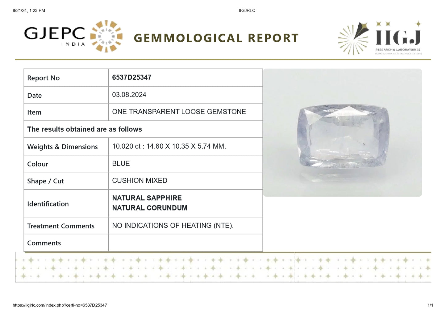 Natural Blue Sapphire (Neelam) 10.02 Carats