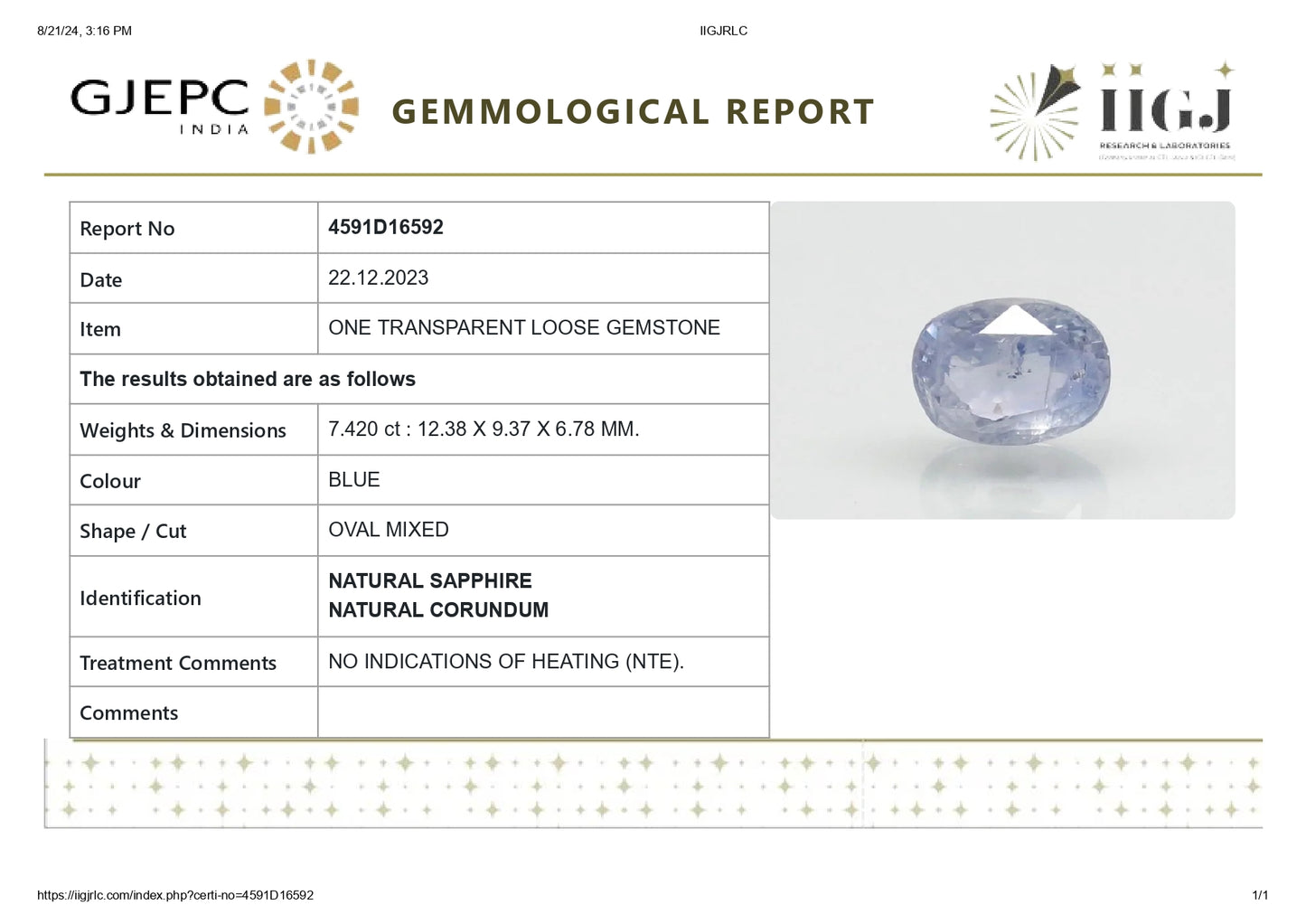 Natural Blue Sapphire (Neelam) 7.42 Carats