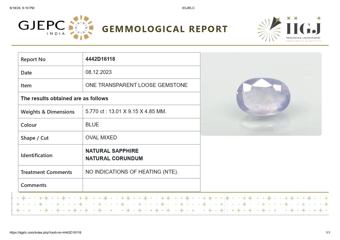 Natural Blue Sapphire (Neelam) 5.77 Carats