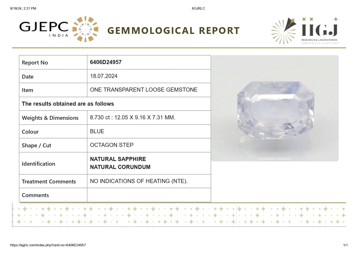 Natural Blue Sapphire (Neelam) 8.73 Carats