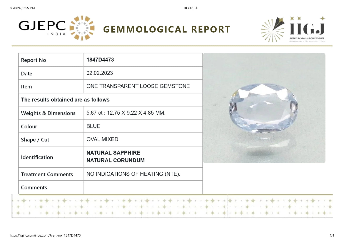 Natural Blue Sapphire (Neelam) 5.67 Carats
