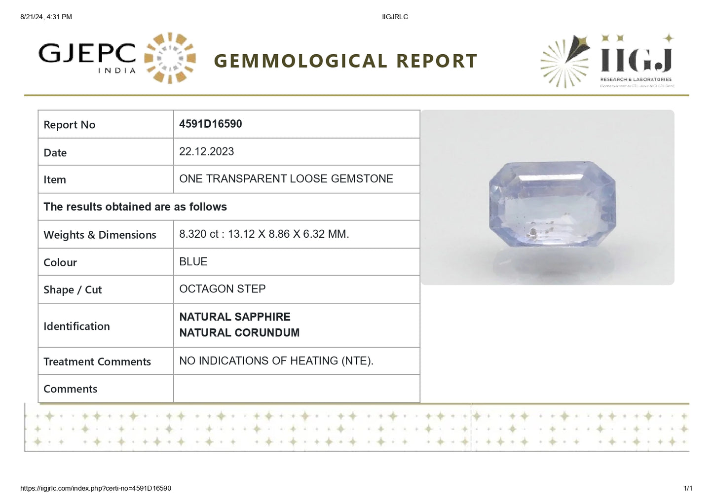 Natural Blue Sapphire (Neelam) 8.32 Carats