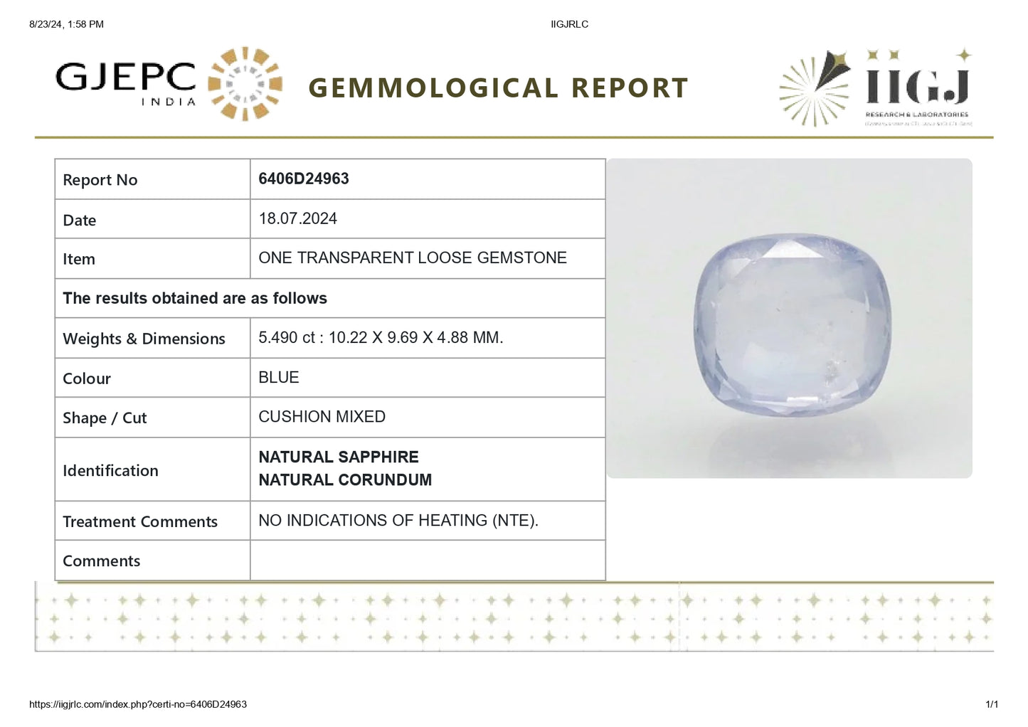 Natural Blue Sapphire (Neelam) 5.49 Carats
