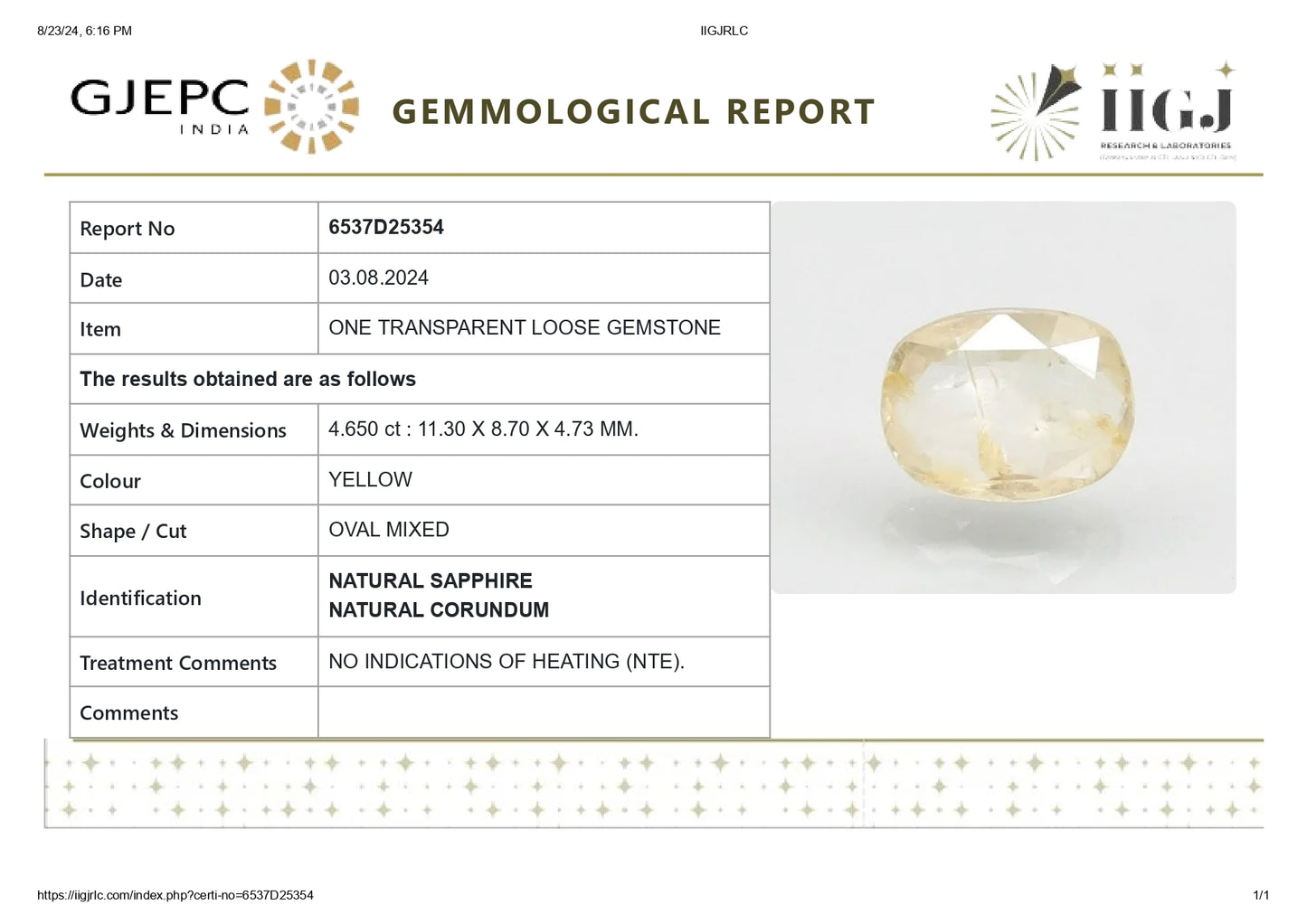 Natural Yellow Sapphire (Pukhraj) 4.65 Carats