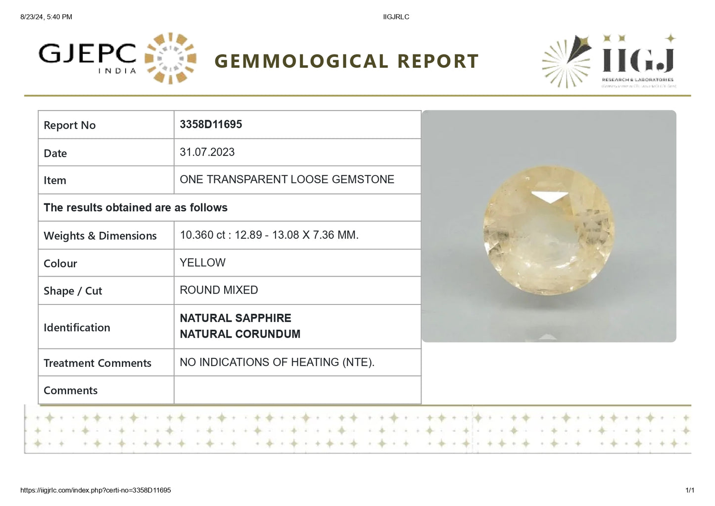 Natural Yellow Sapphire (Pukhraj) 10.36 Carats