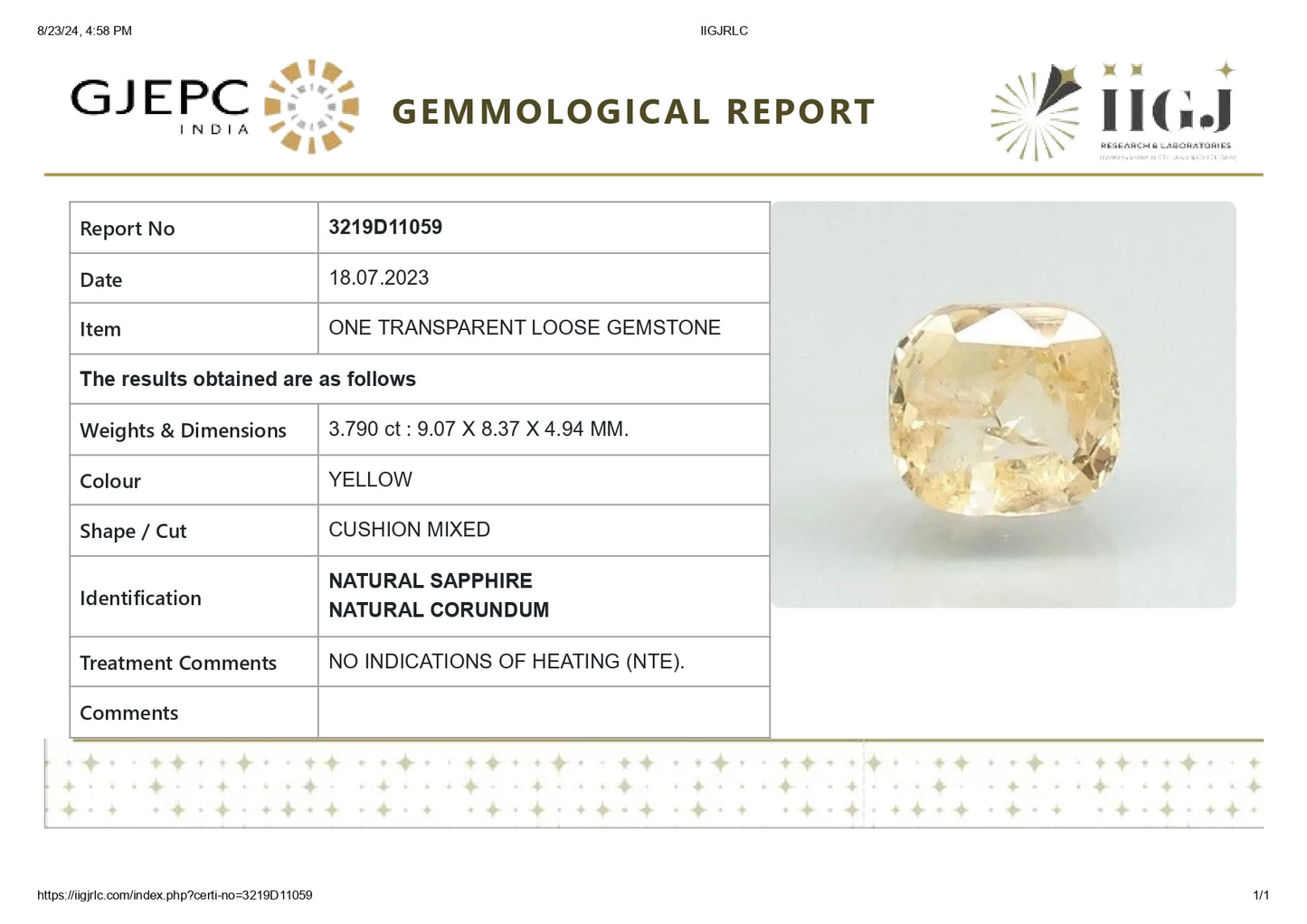 Natural Yellow Sapphire (Pukhraj) 3.79 Carats