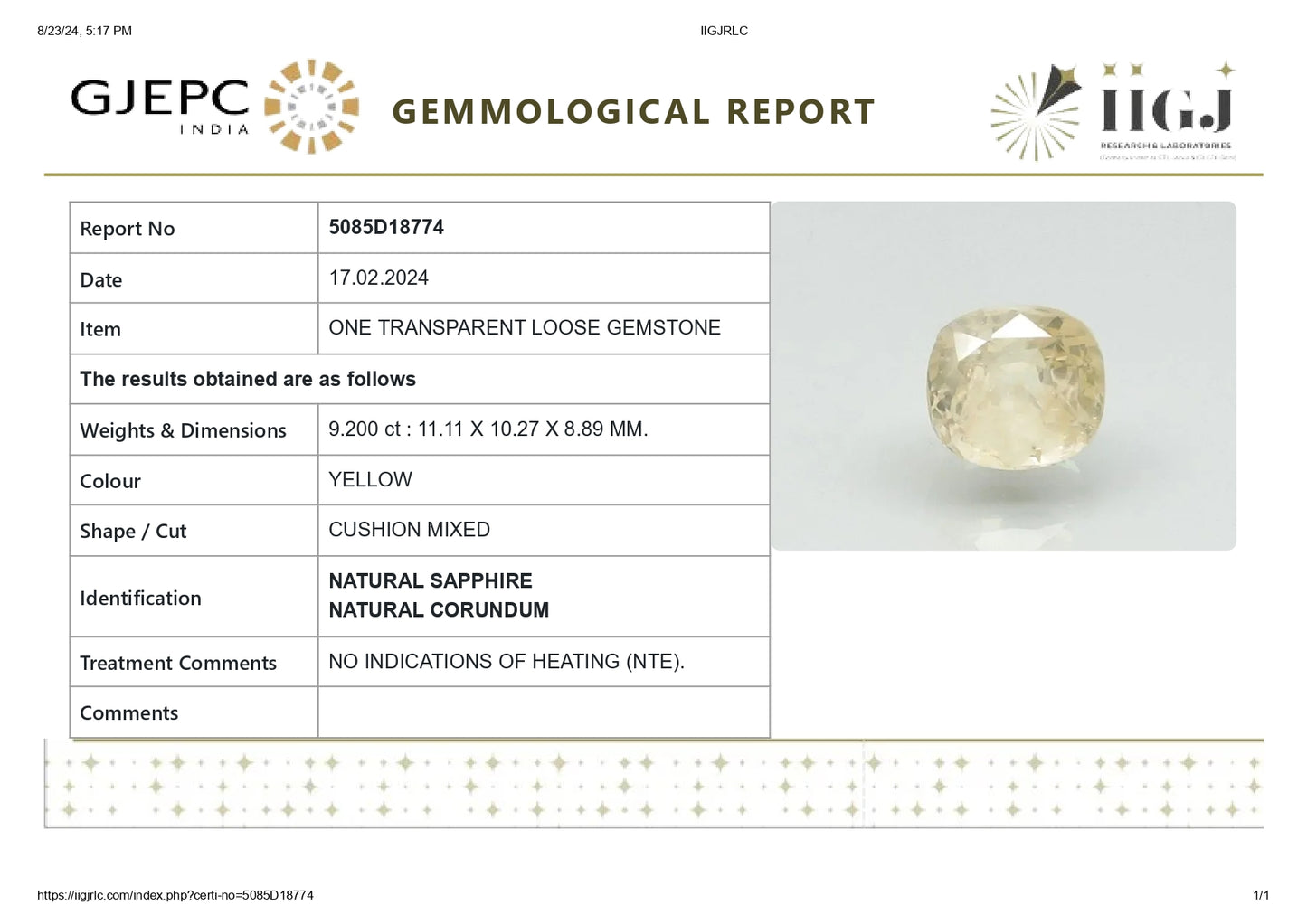 Natural Yellow Sapphire (Pukhraj) 9.20 Carats