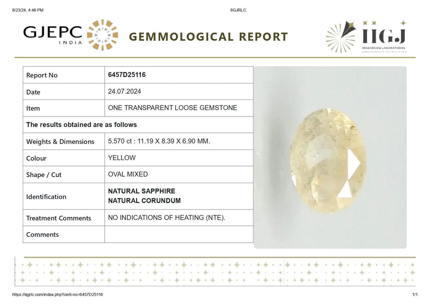Natural Yellow Sapphire (Pukhraj) 5.57 Carats