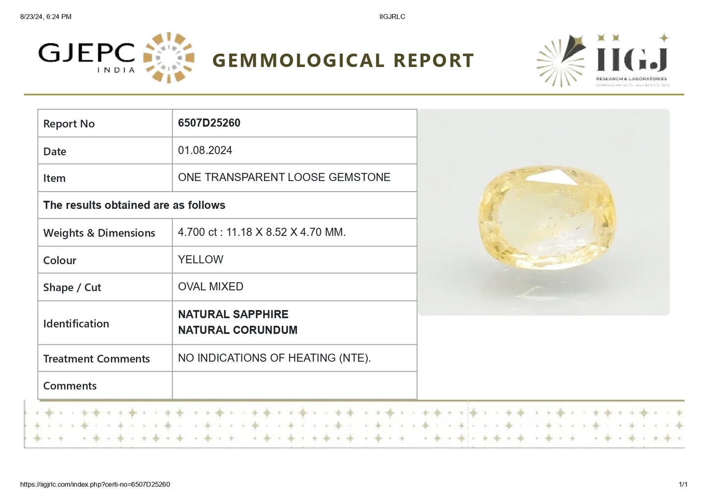 Natural Yellow Sapphire (Pukhraj) 4.70 Carats