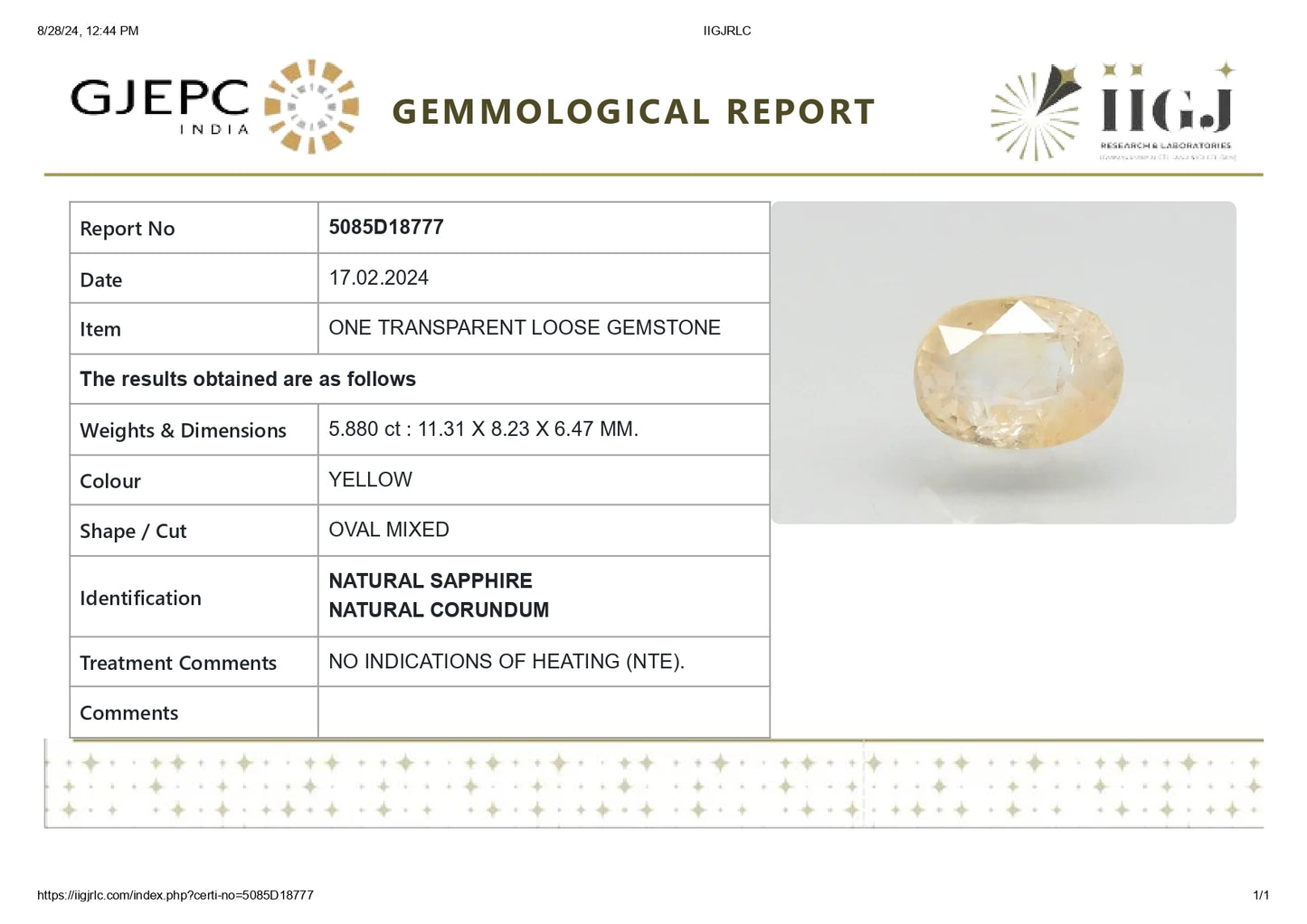 Natural Yellow Sapphire (Pukhraj) 5.88 Carats