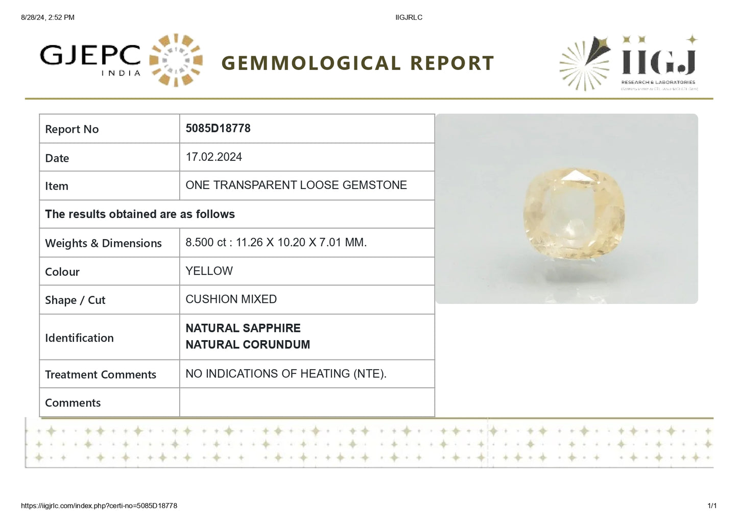 Natural Yellow Sapphire (Pukhraj) 8.50 Carats