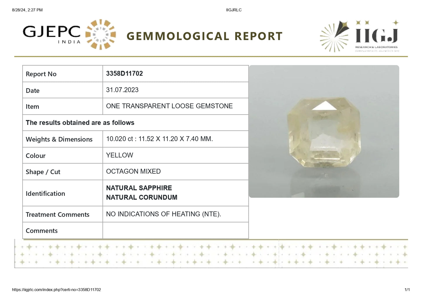 Natural Yellow Sapphire (Pukhraj) 10.02 Carats