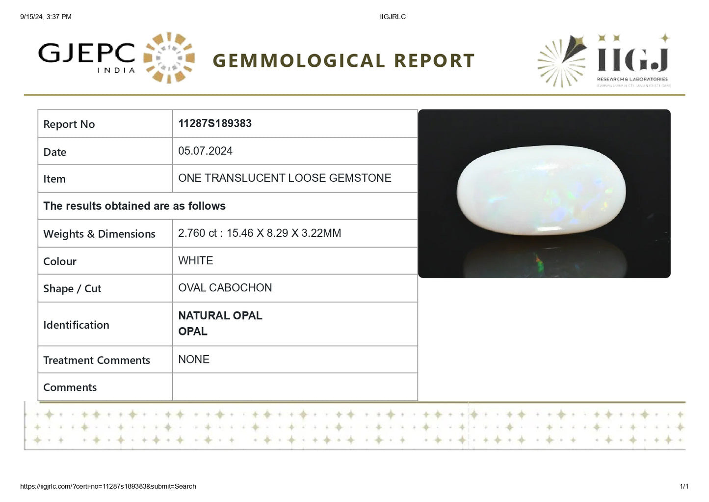 Natural Australian White Fire Opal 2.76 Carats