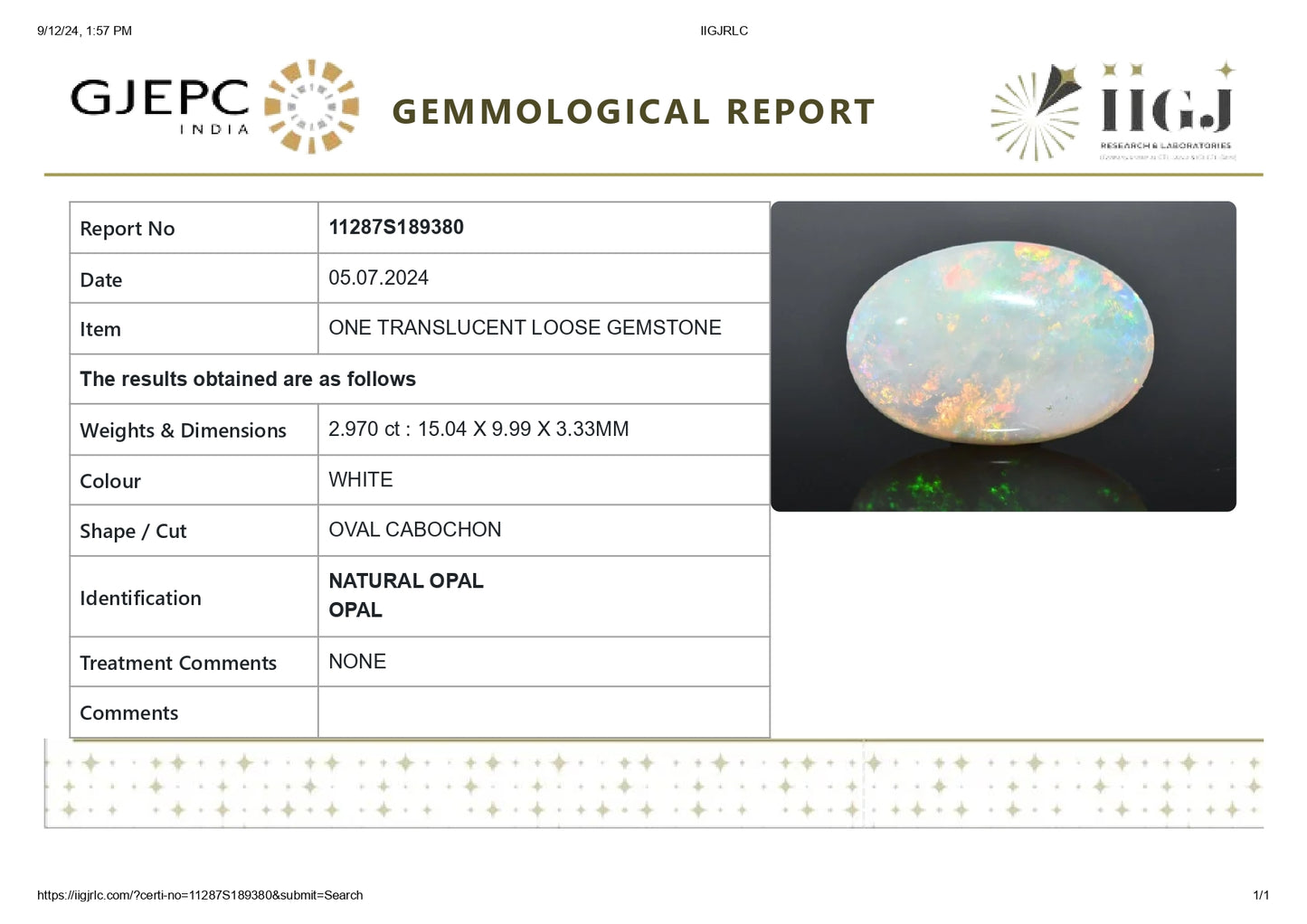 Natural Australian White Fire Opal 2.97 Carats