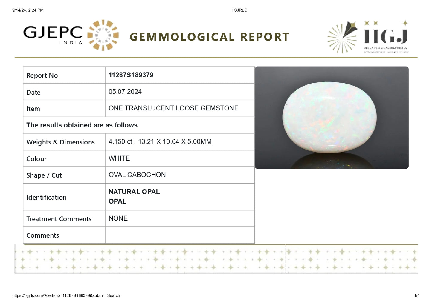 Natural Australian White Fire Opal 4.15 Carats
