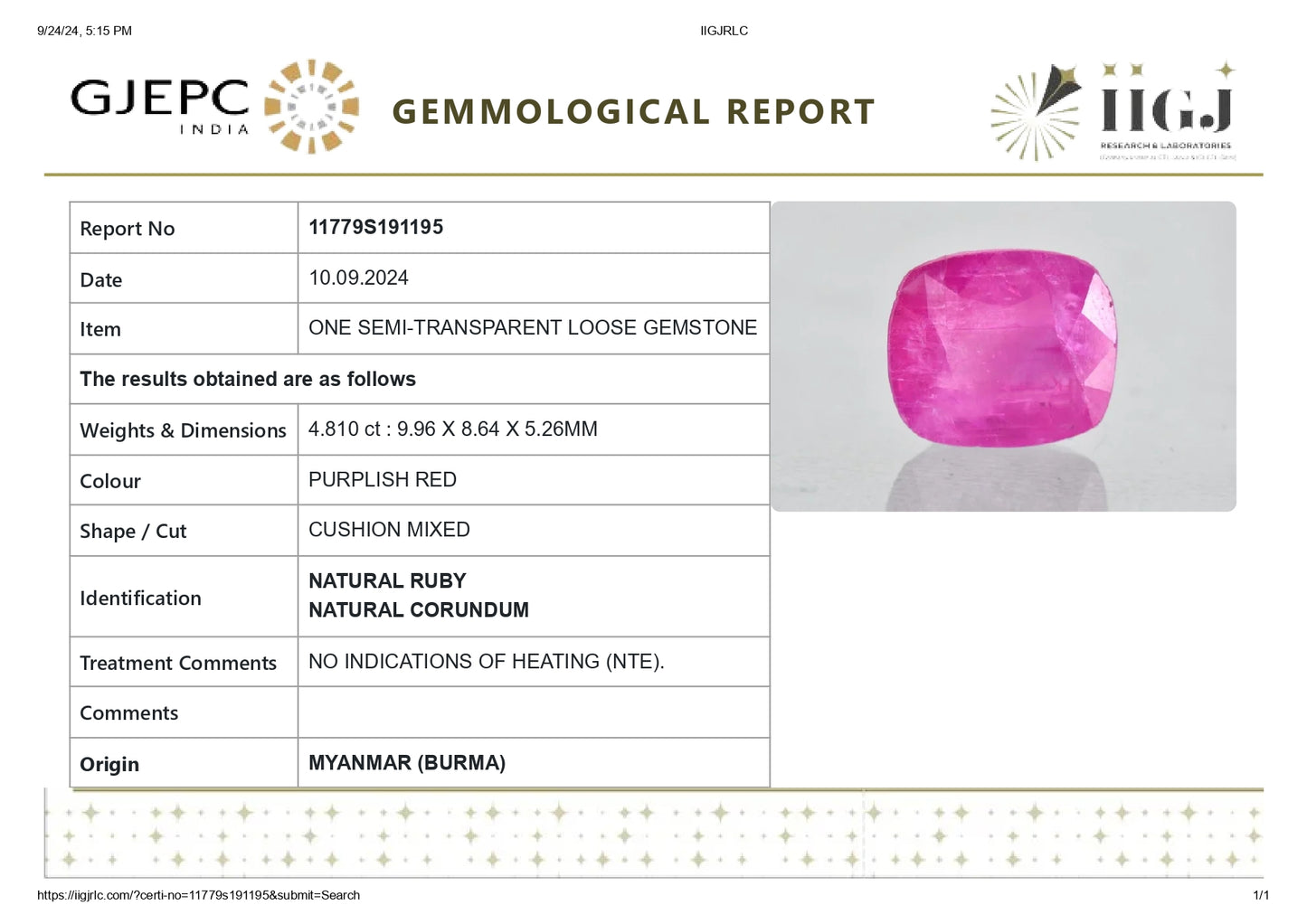 Burmese Ruby (Manik) 4.81 Carats