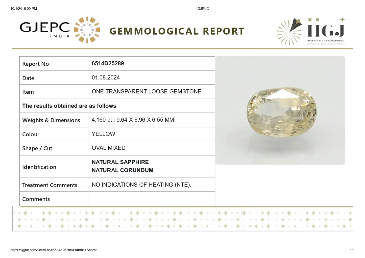 Natural Yellow Sapphire (Pukhraj) 4.16 Carats
