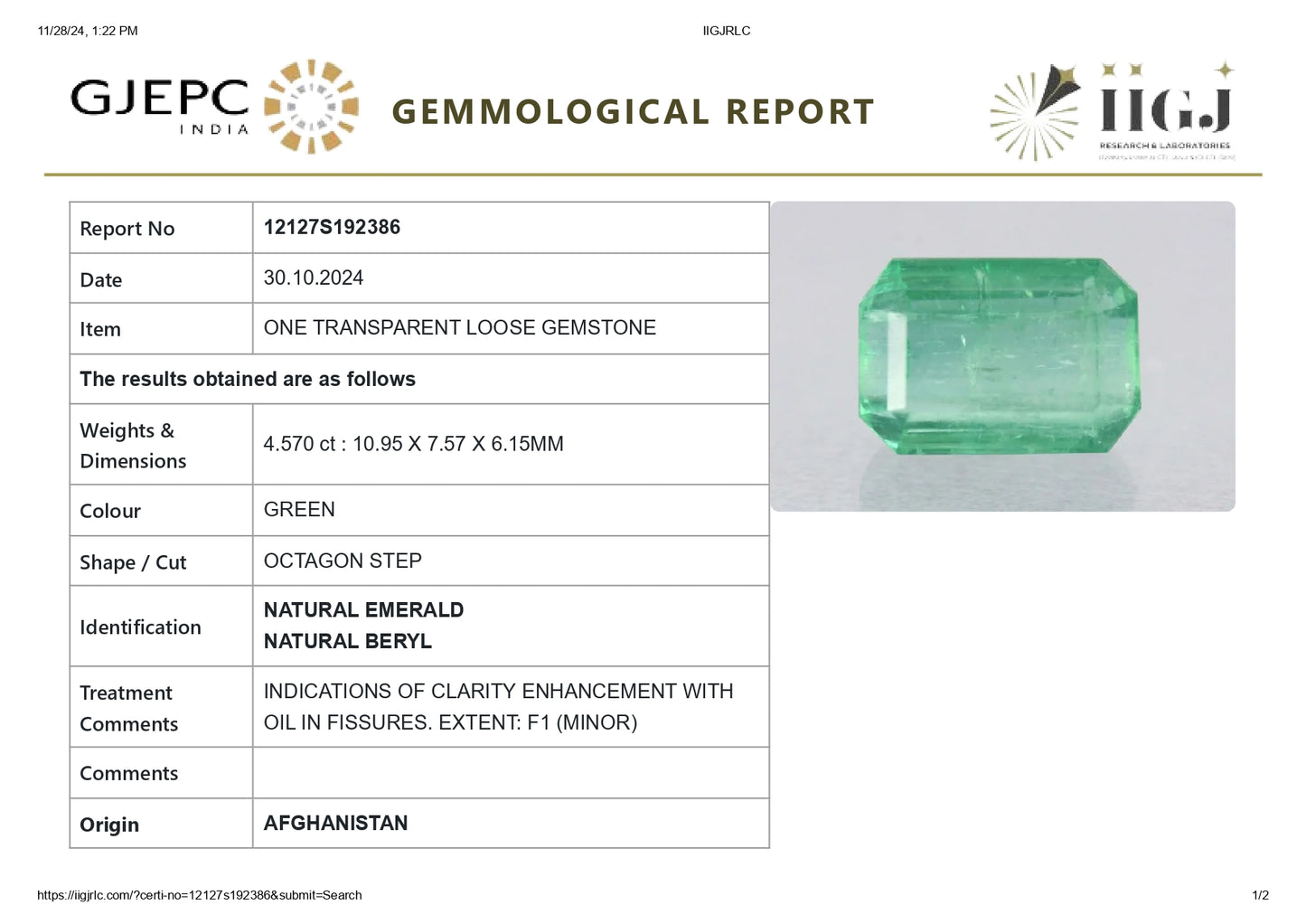 Minor Oil Natural Afganistan Emerald (Panna) 4.57 Carats