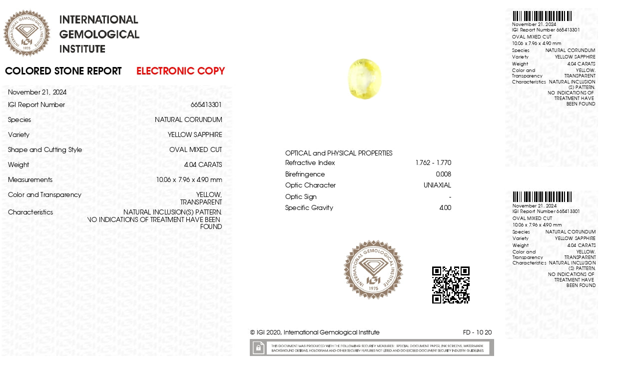 NATURAL YELLOW SAPPHIRE (PUKHRAJ) 4.04 CARATS