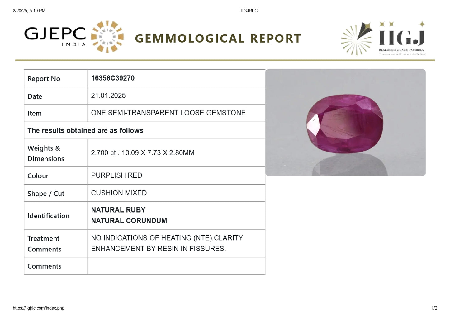 Burmese Ruby (Manik) 2.70 Carats