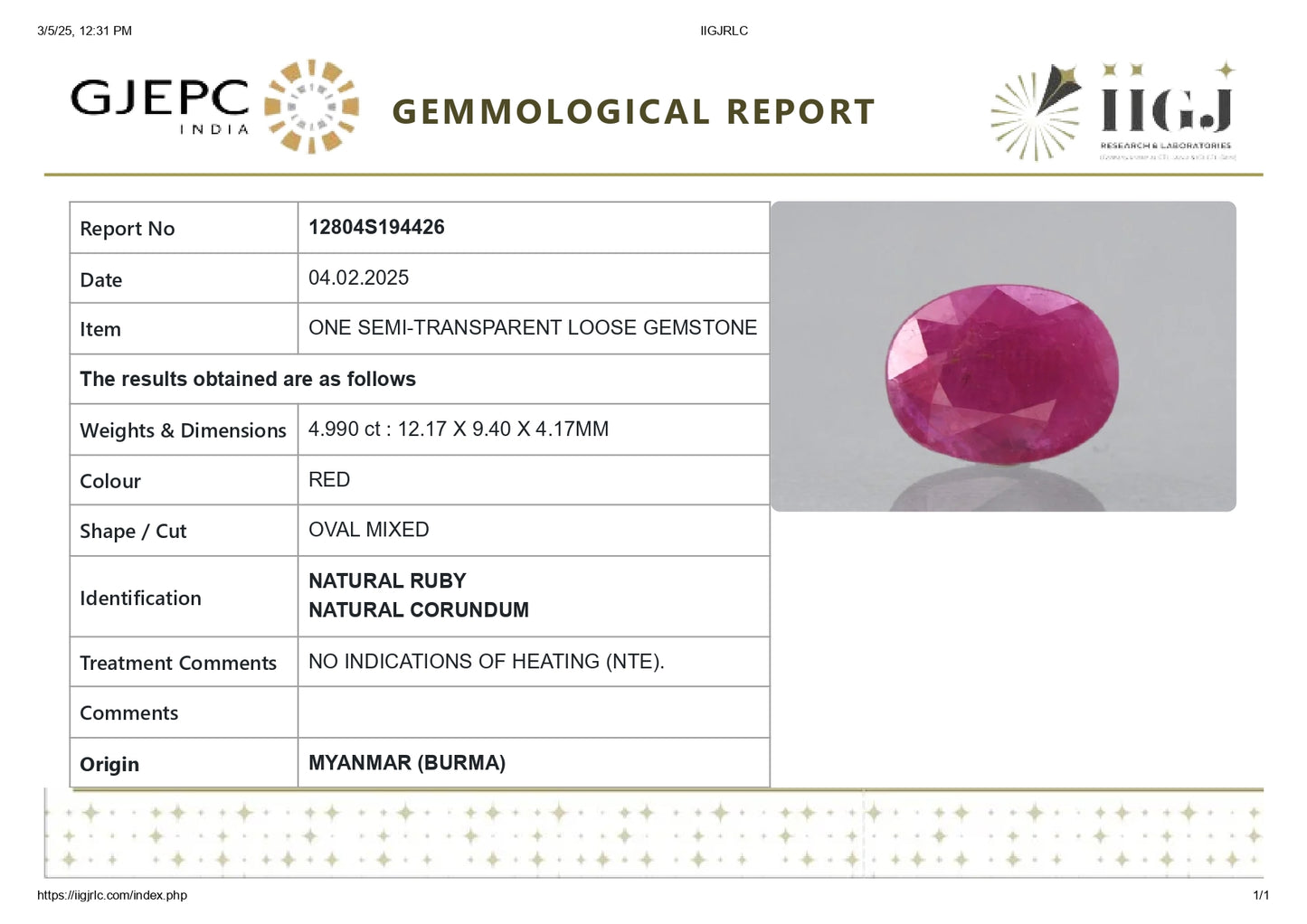 Burmese Ruby (Manik) 4.99 Carats
