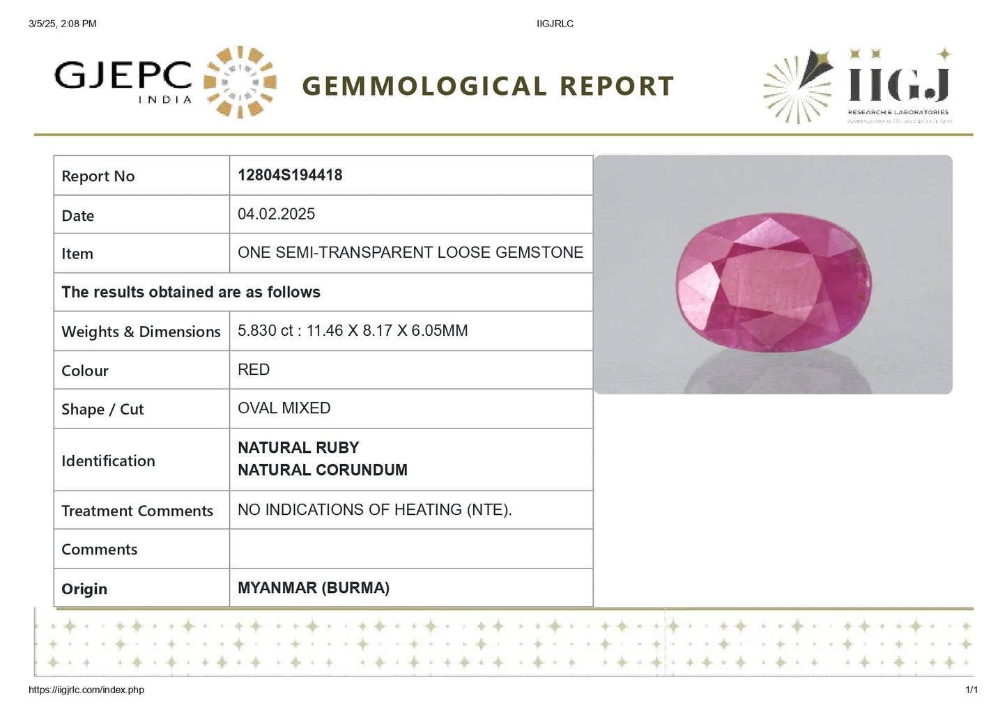 Burmese Ruby (Manik) 5.83 Carats