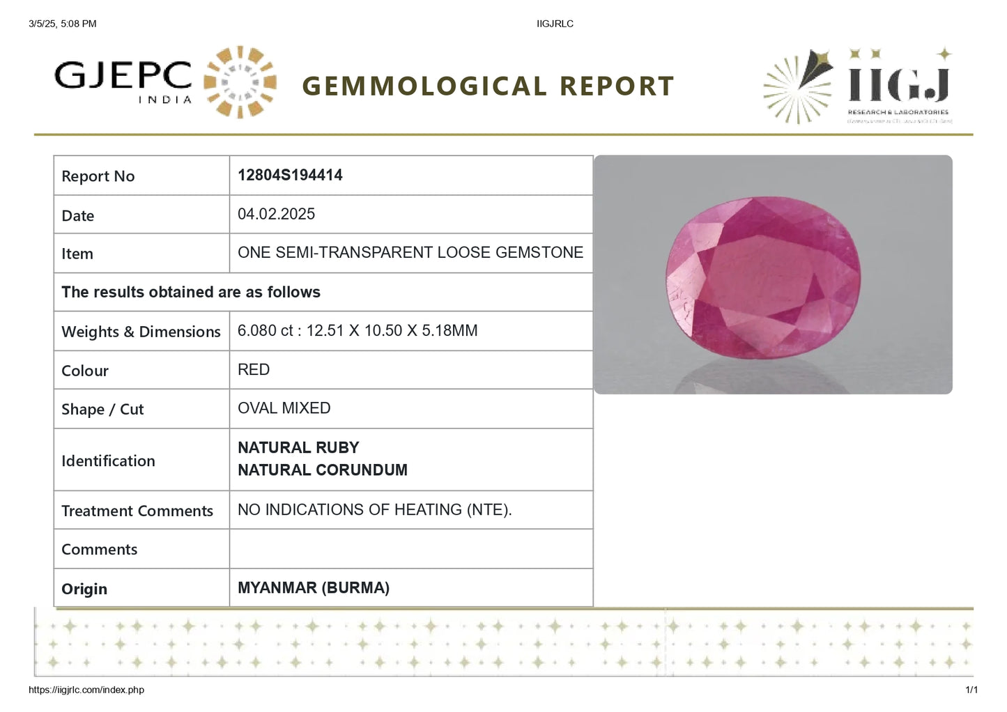 Burmese Ruby (Manik) 6.08 Carats