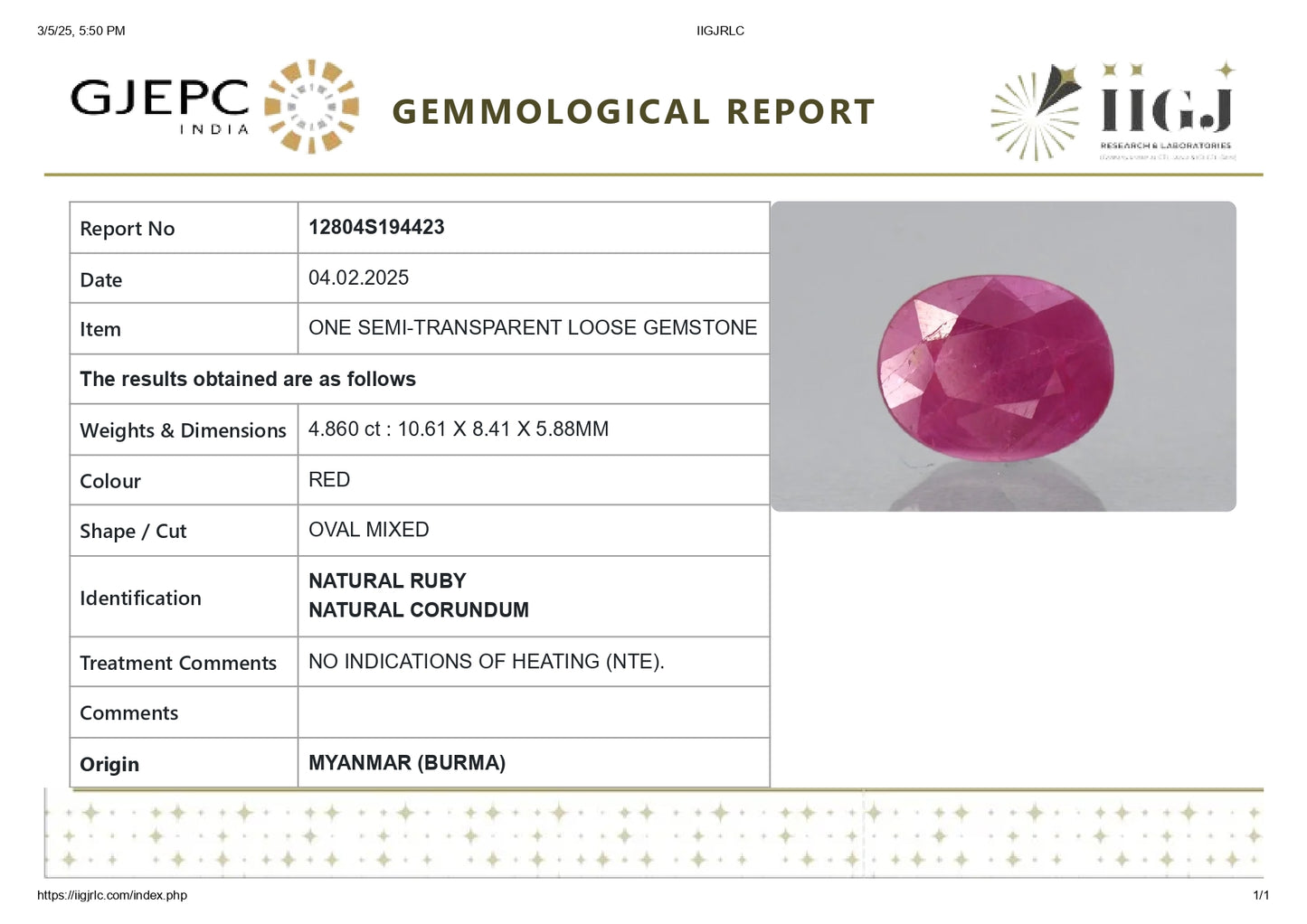 Burmese Ruby (Manik) 4.86 Carats