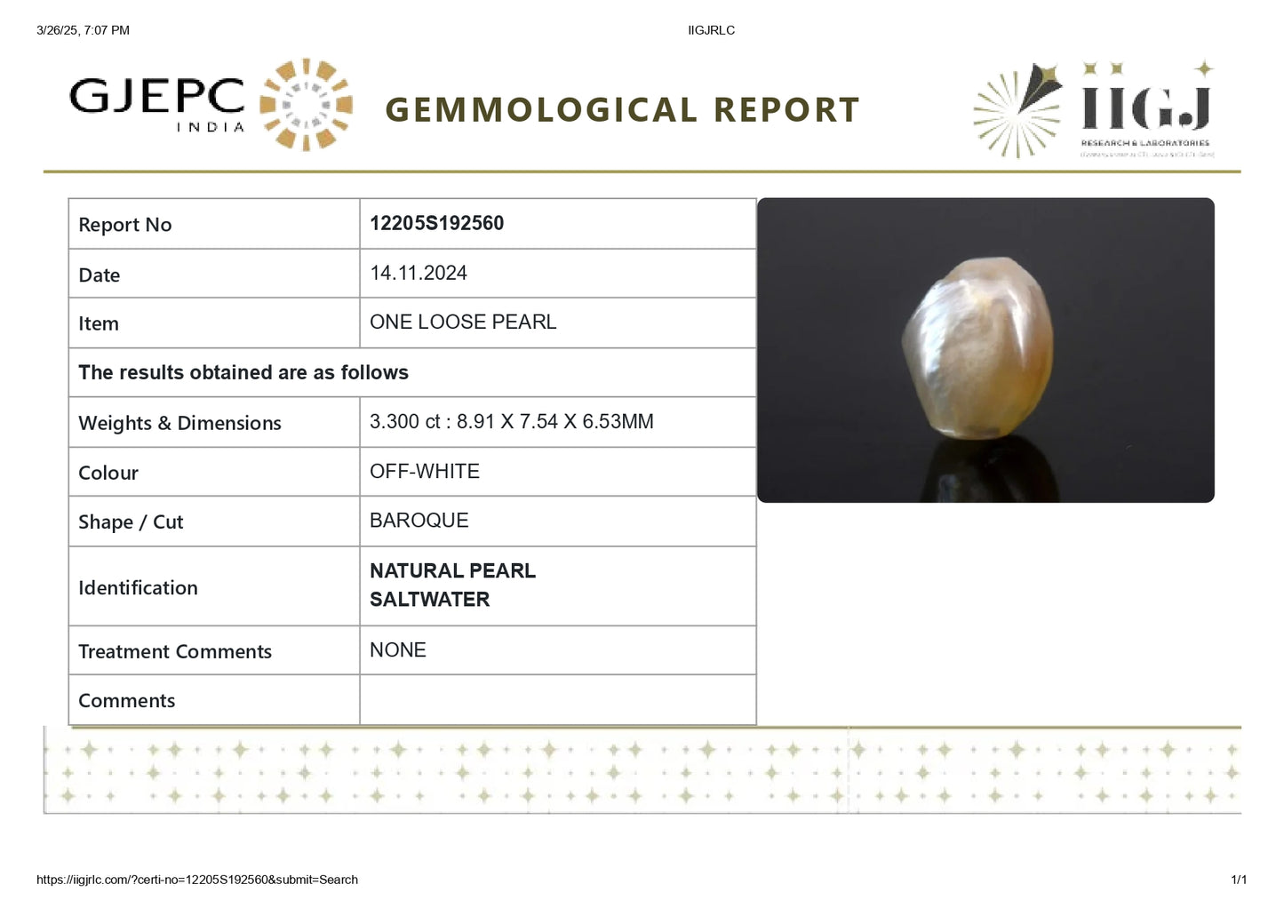 Natural Basra Pearl (Moti) 3.30 Carats