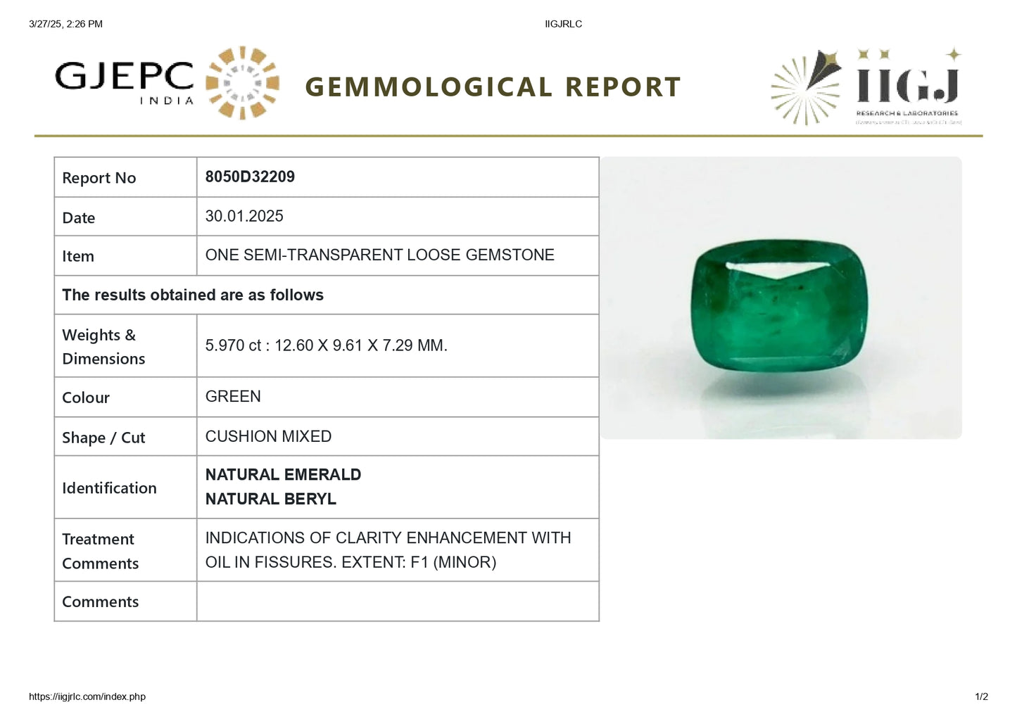 Minor Oil Natural Zambian Emerald (Panna) 5.97 Carats
