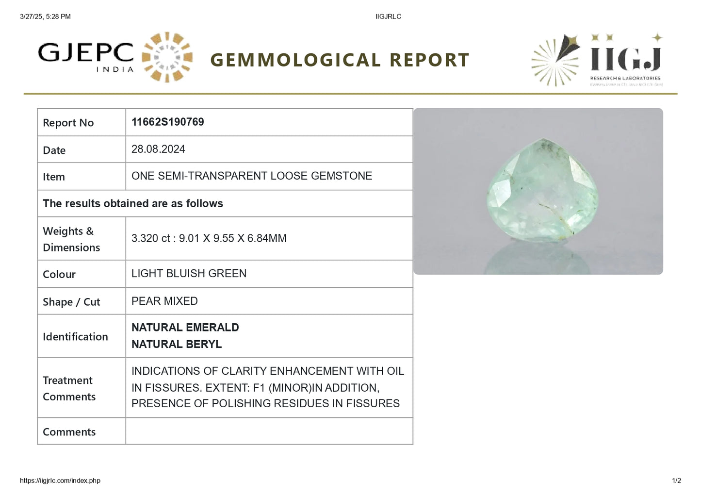 Minor Oil Natural Columbian Emerald (Panna) 3.32 Carats