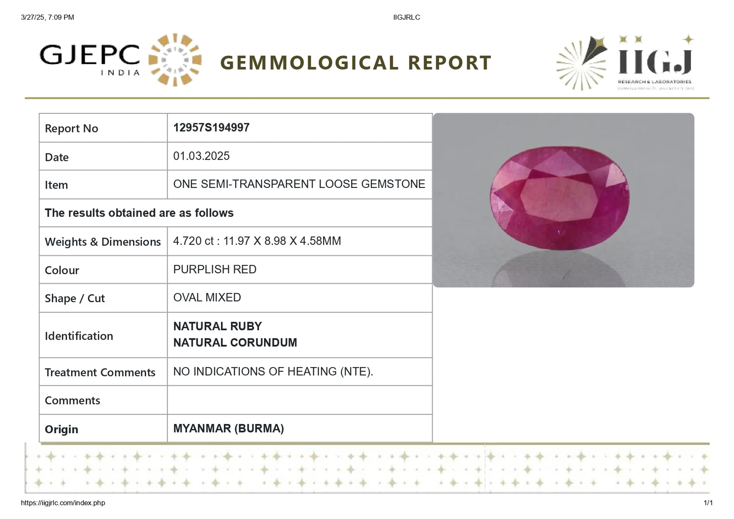 Burmese Ruby (Manik) 4.72 Carats