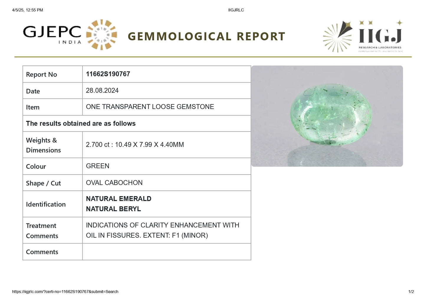 Minor Oil Natural Columbian Emerald (Panna) 2.70 Carats