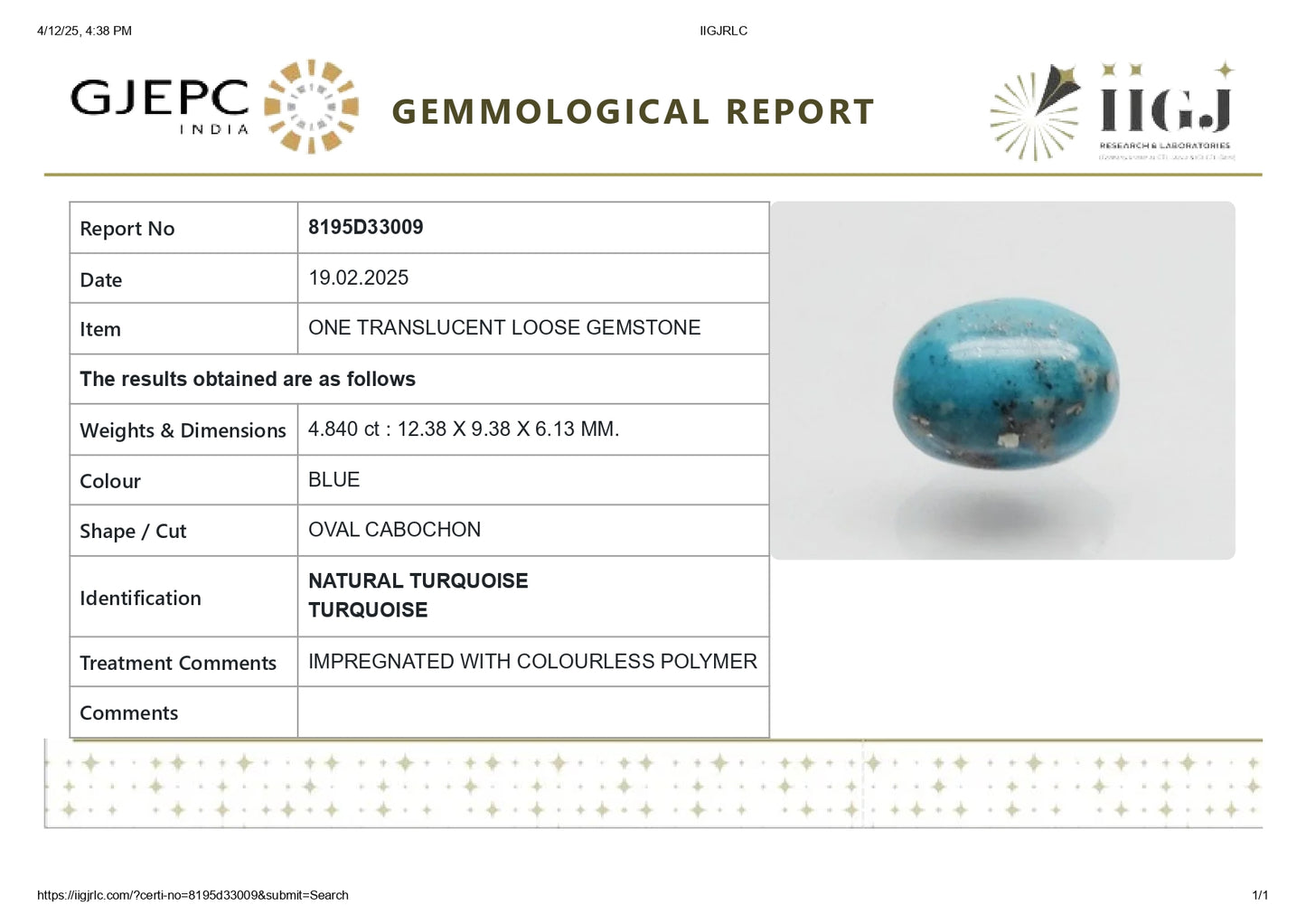 NATURAL TURQUOISE 4.84 CARATS