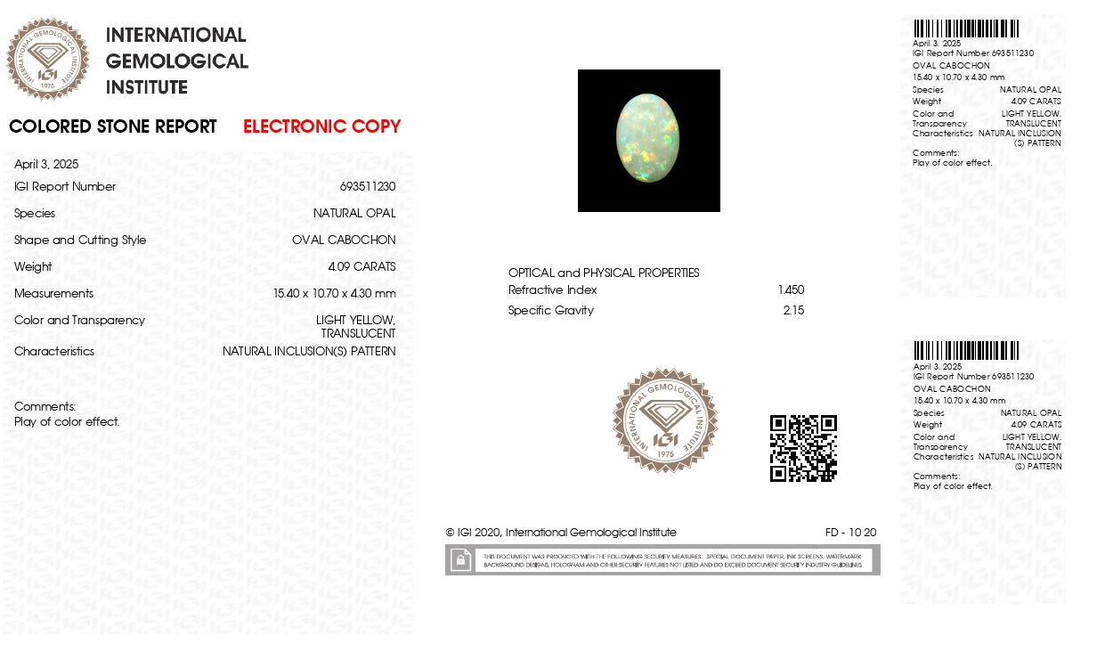 Natural Australian White Fire Opal 4.09 Carats