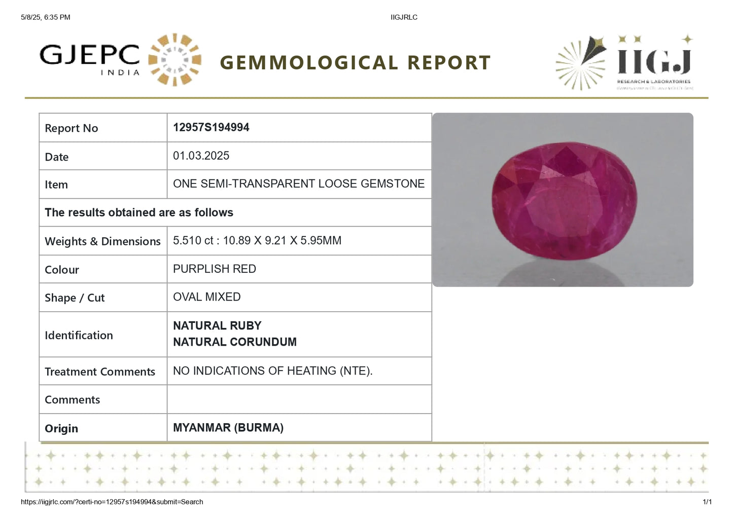 Burmese Ruby (Manik) 5.51 Carats