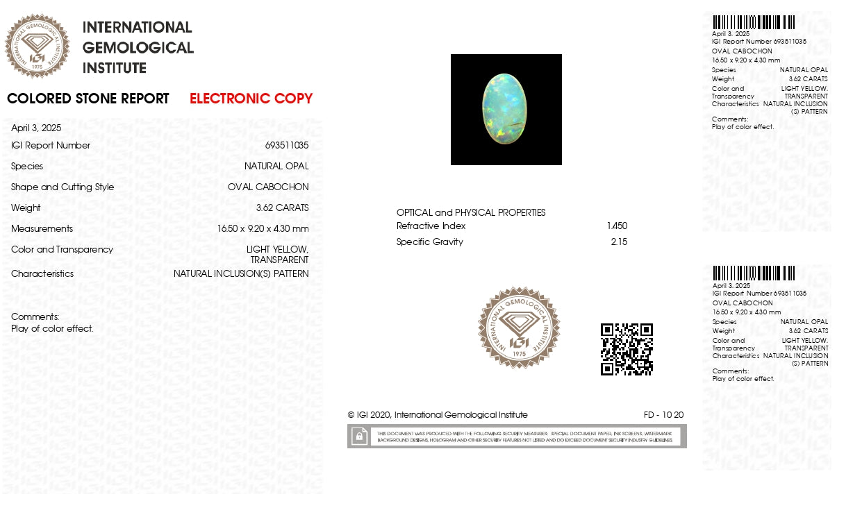 Natural Australian White Fire Opal 3.62 Carats
