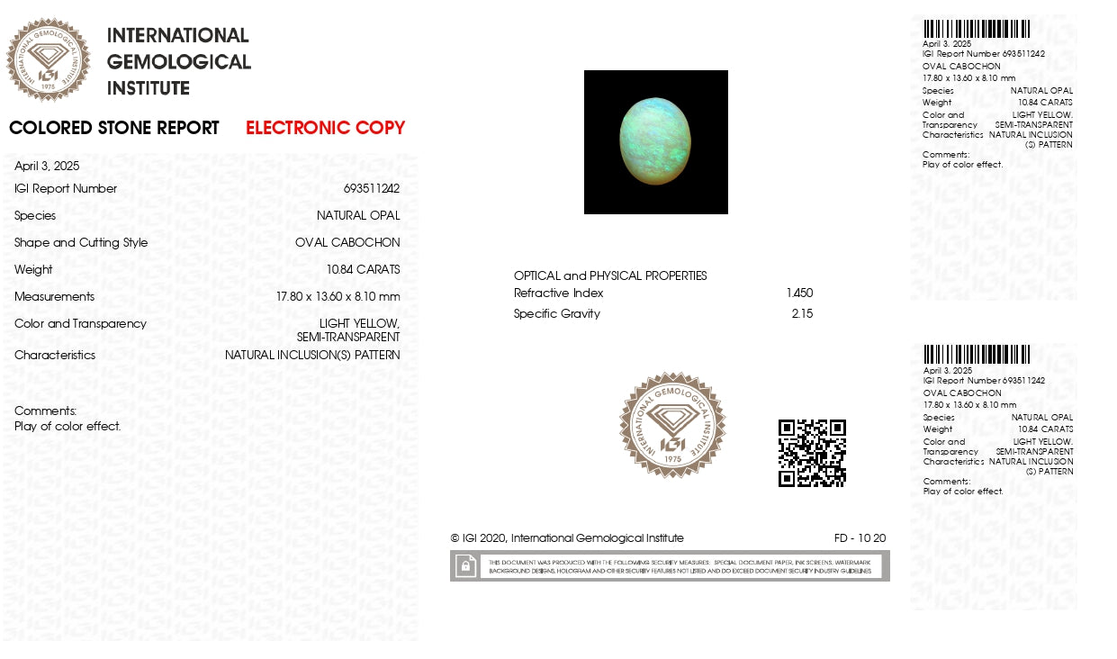 Natural Australian White Fire Opal 10.84 Carats