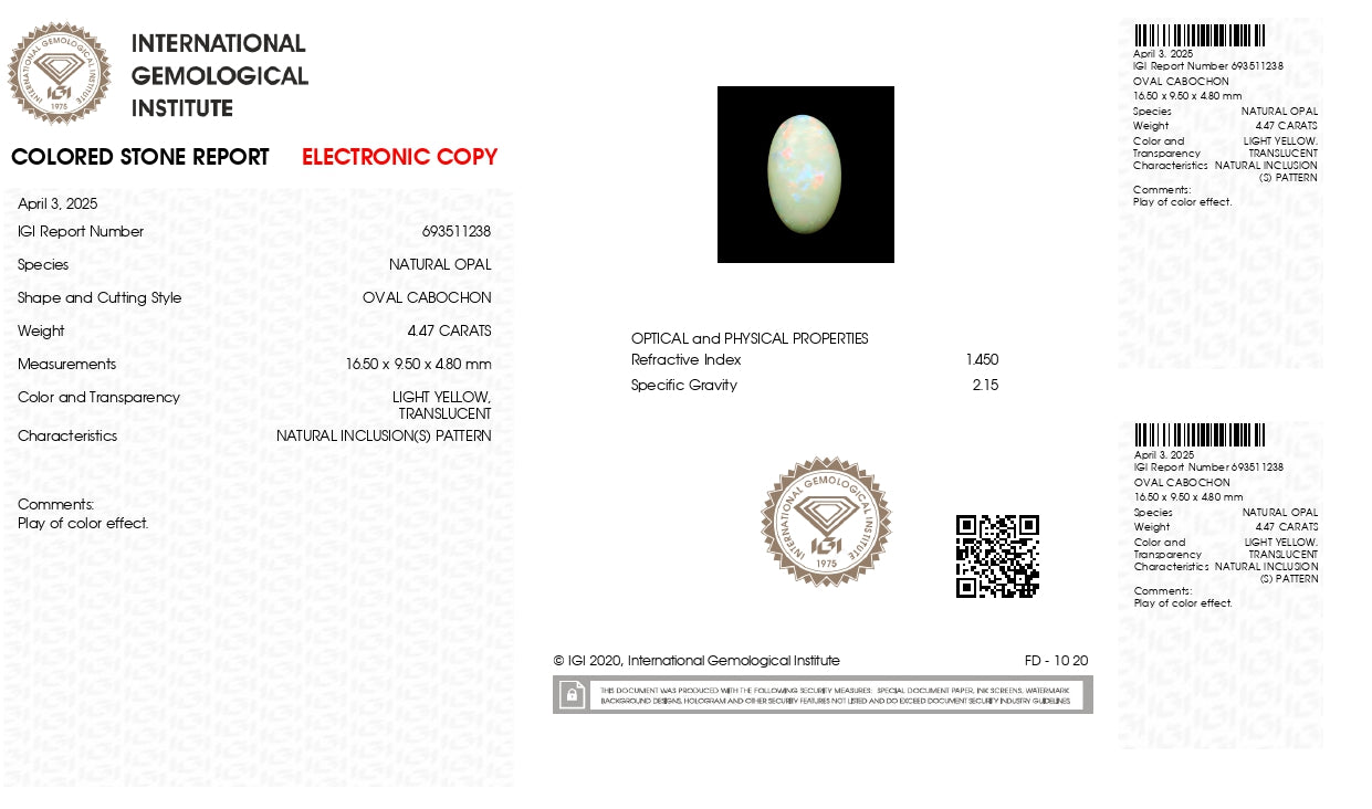 Natural Australian White Fire Opal 4.47 Carats