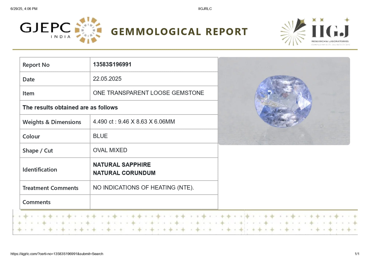 Natural Blue Sapphire (Neelam) 4.49 Carats