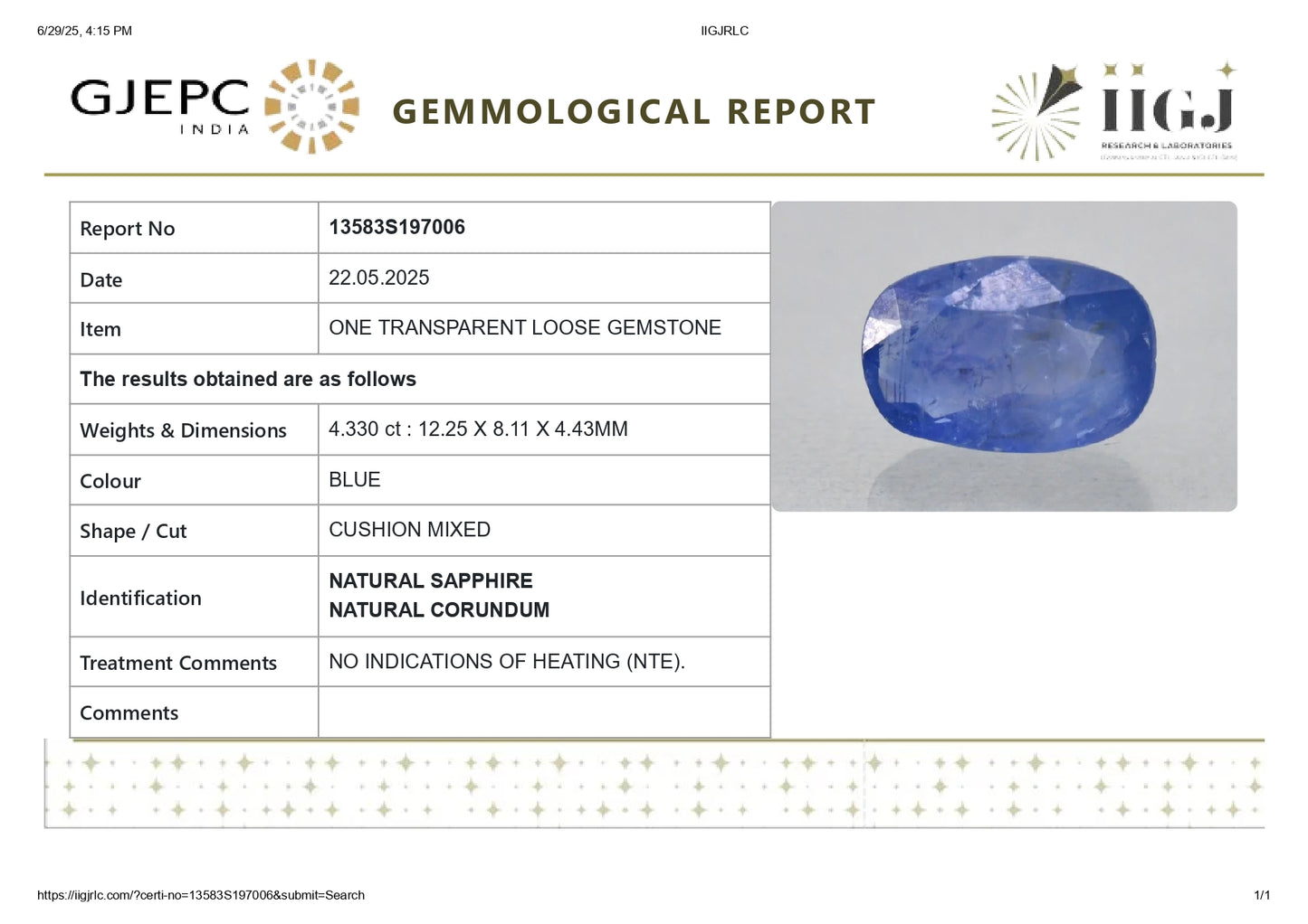 Natural Blue Sapphire (Neelam) 4.33 Carats
