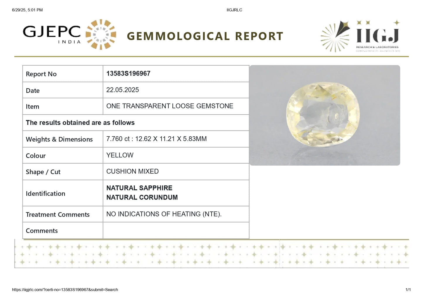 Natural Yellow Sapphire (Pukhraj) 7.76 Carats