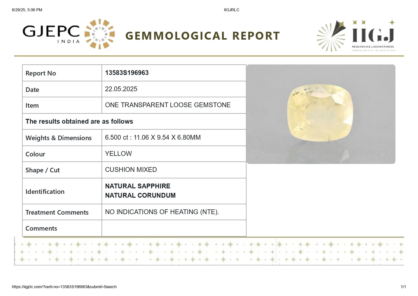 Natural Yellow Sapphire (Pukhraj) 6.50 Carats