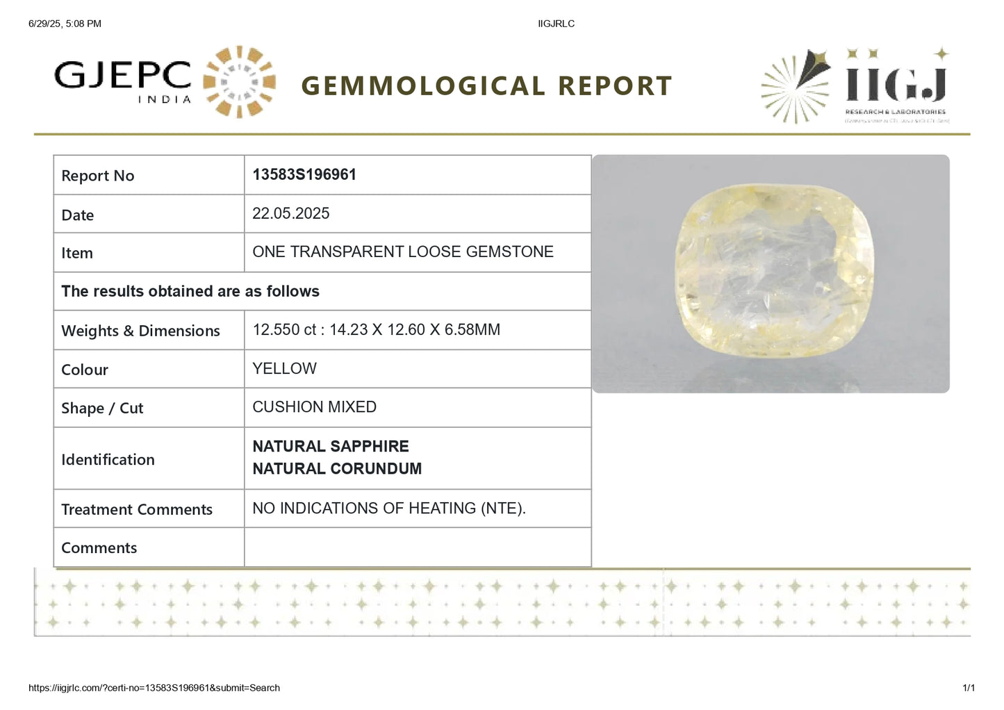 Natural Yellow Sapphire (Pukhraj) 12.55 Carats