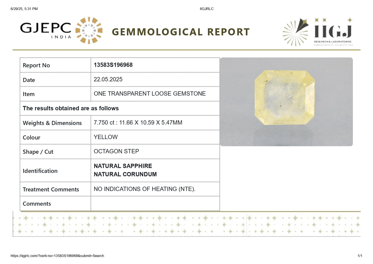 Natural Yellow Sapphire (Pukhraj) 7.75 Carats