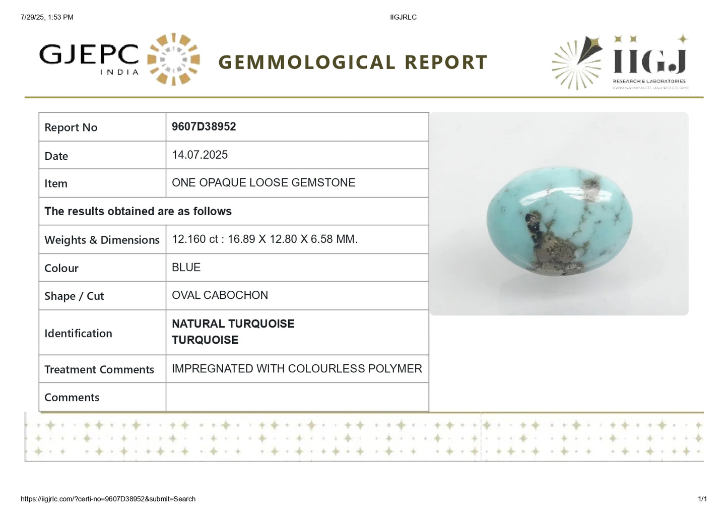 NATURAL TURQUOISE 12.16 CARATS